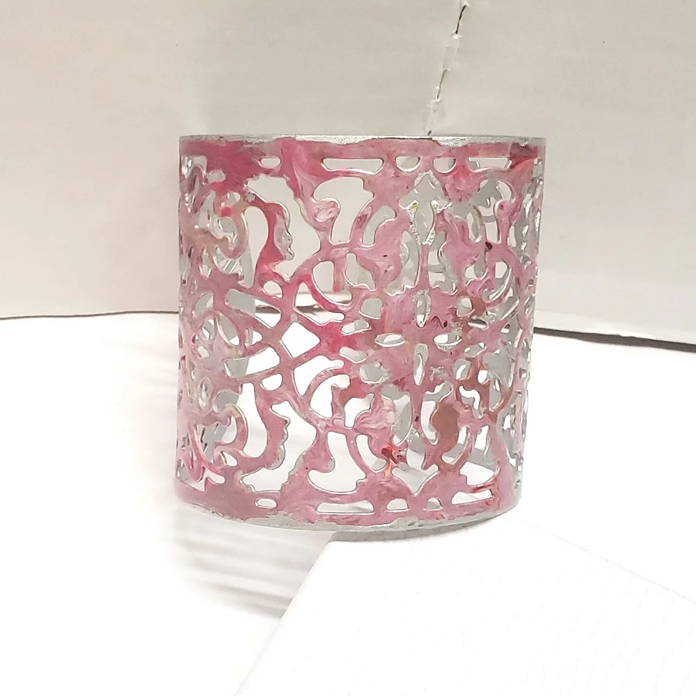 Hand Painted Abstract Pink & Silver Cuff Bracelet Filigree Statement Bracelet